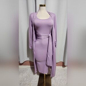 Chic Lavender Midi Dress Set With Cardigan